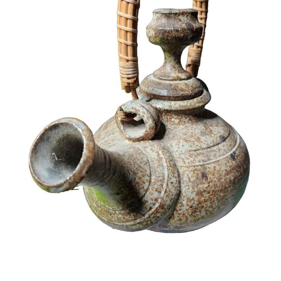 Unusual Clay Pottery Teapot with Rattan Handle Tall Lid Brown Handmade - Picture 10 of 13